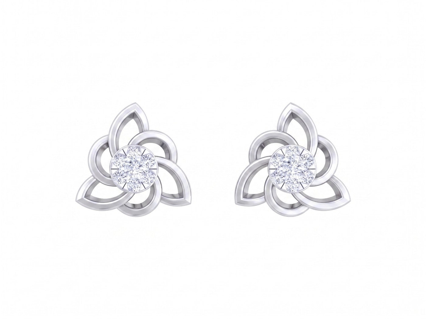 White gold and diamond floral stud earrings  on a white background