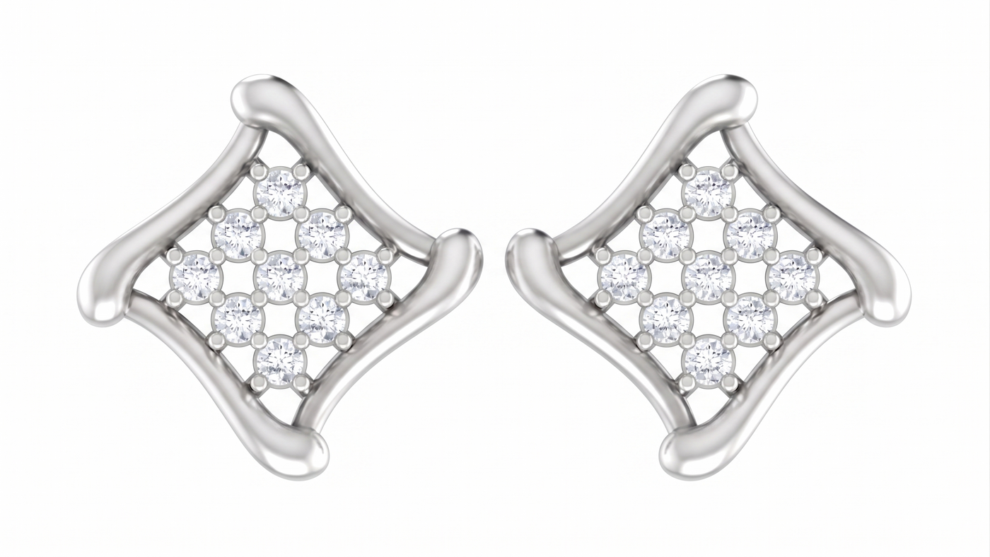 White gold and diamond stud  earrings on a white background.