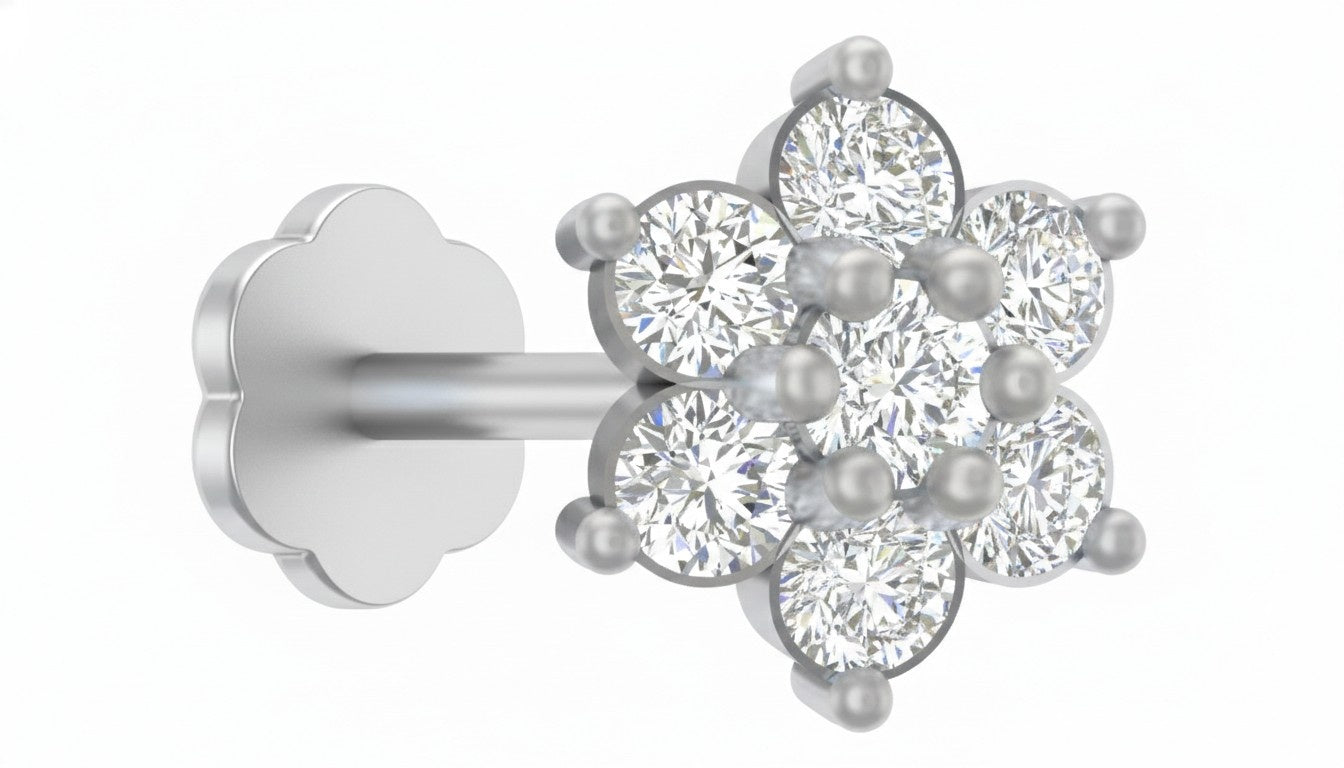 white gold and diamond stud nose pin with floral design on a white background