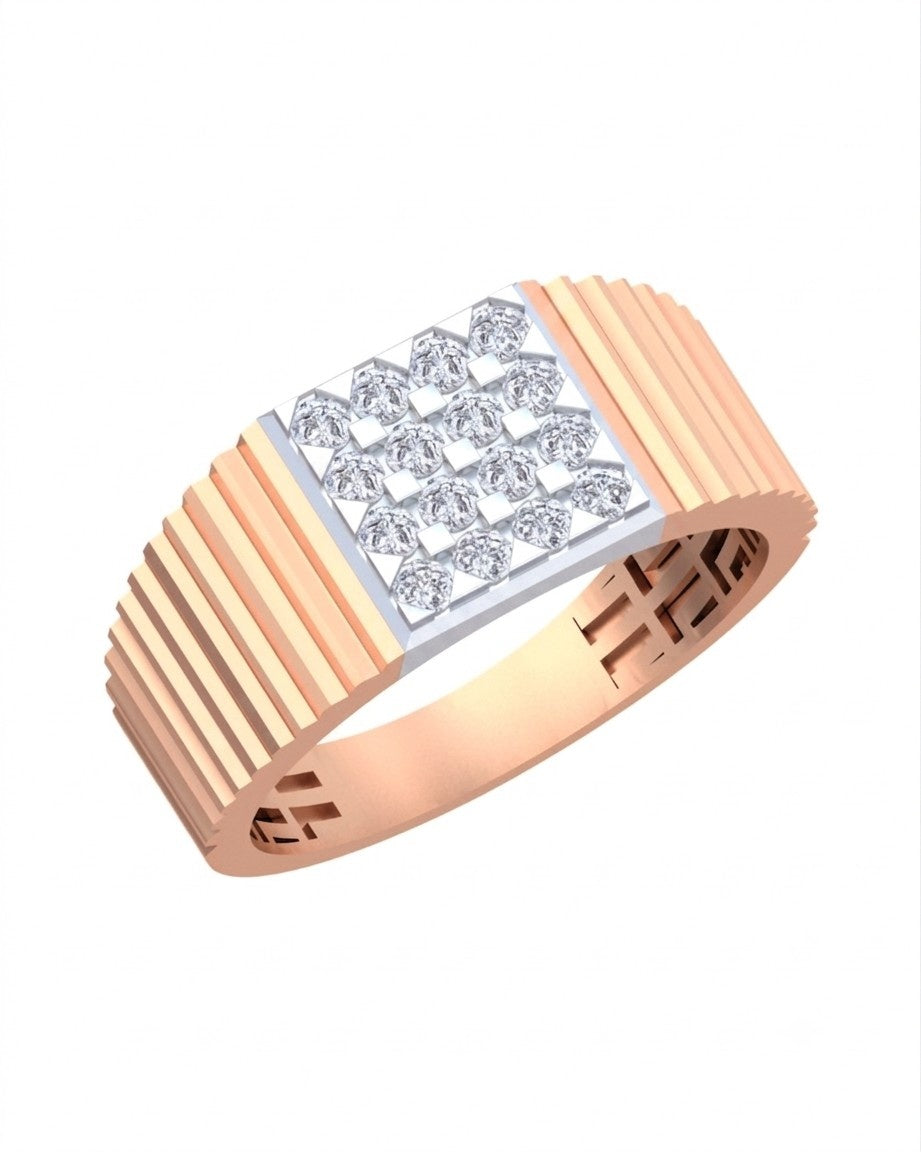 A men's ring featuring a rose gold band with a rectangular center set, on a white background.