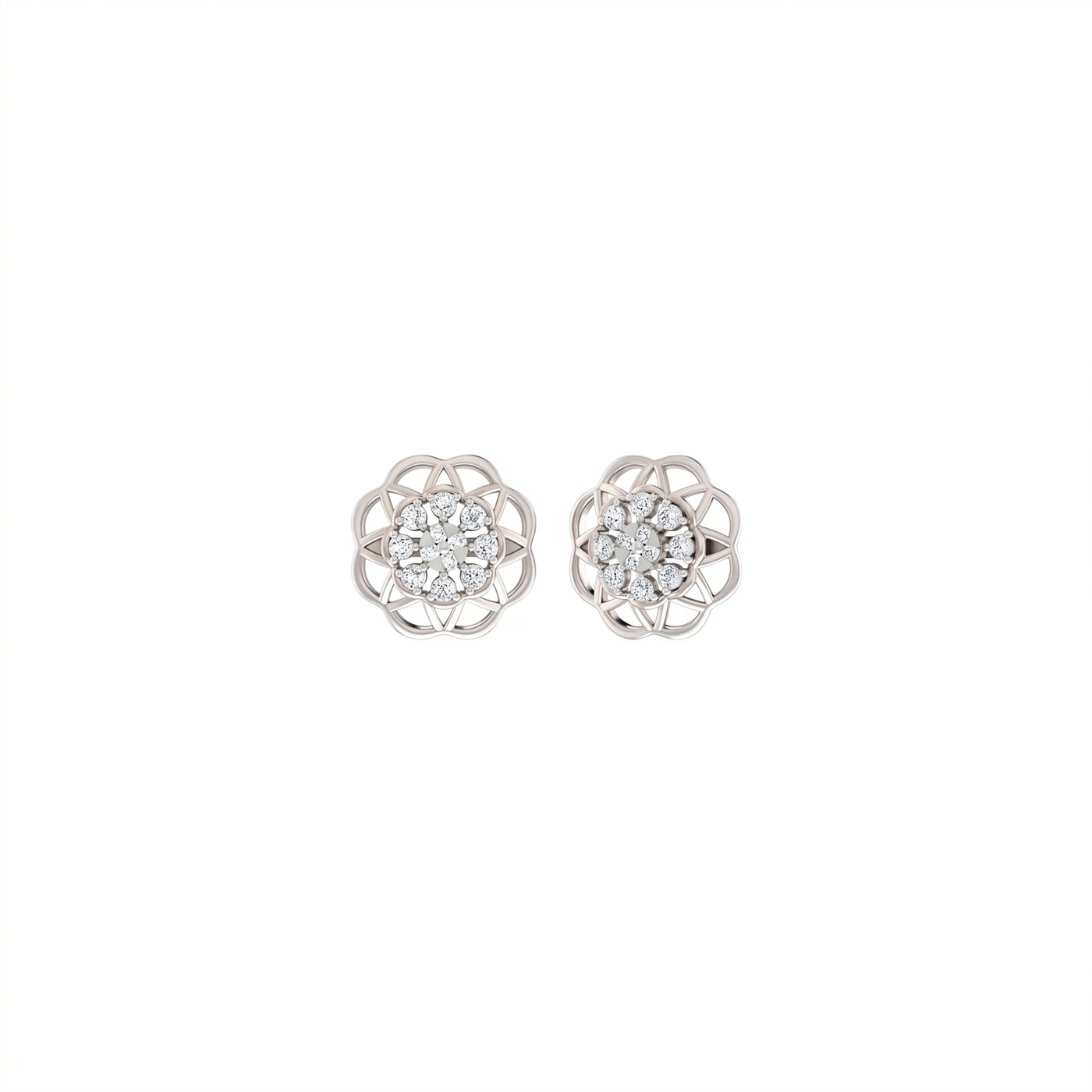 White gold earrings with diamond-like centers on a white background