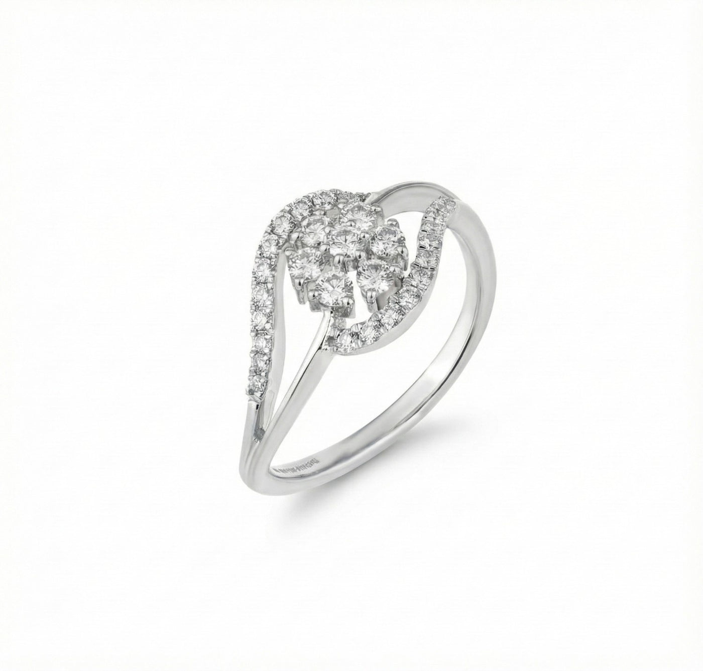 White gold ring with diamond accents on a white background