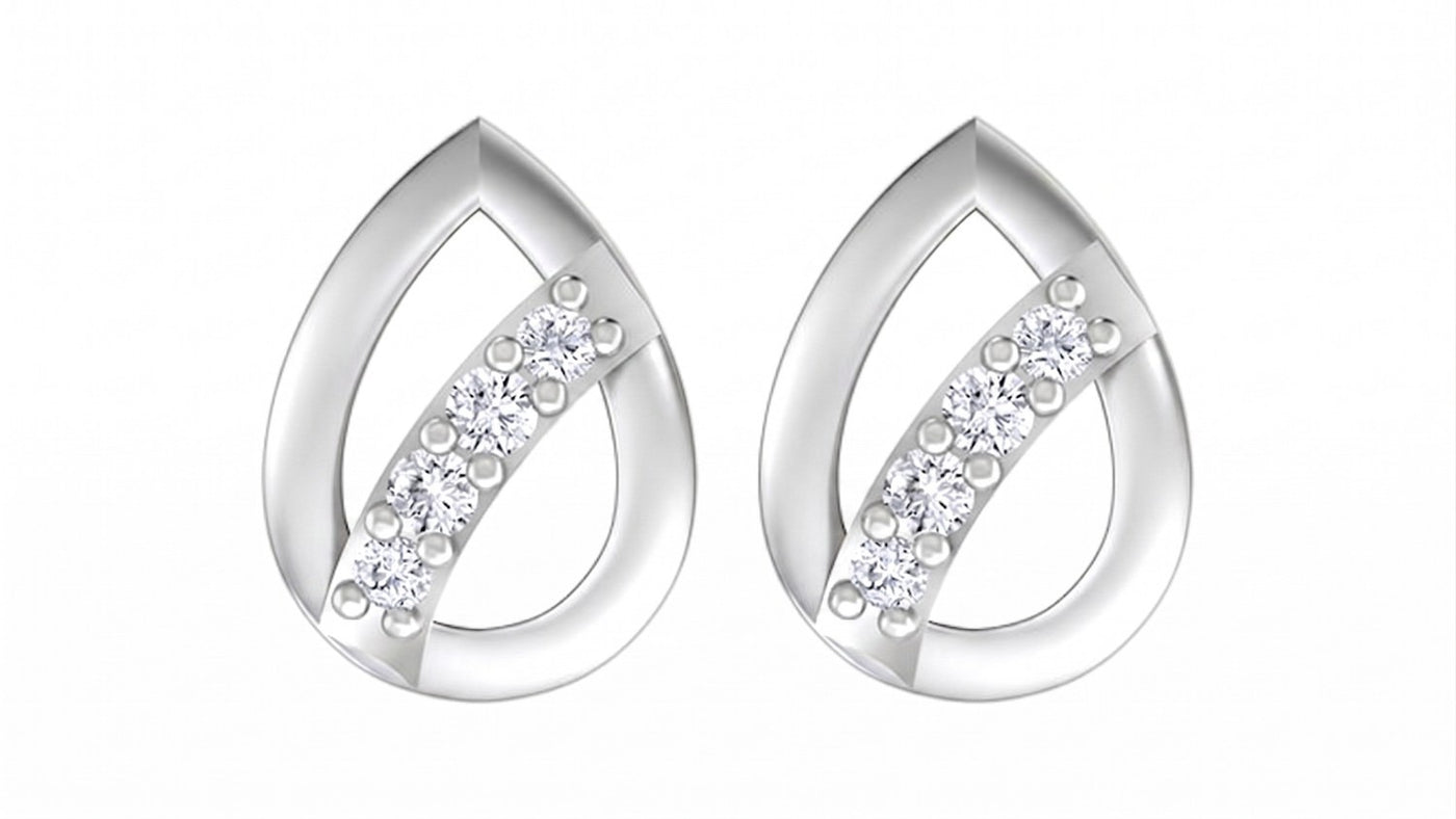 White gold and diamond pear-shaped earrings on a white background