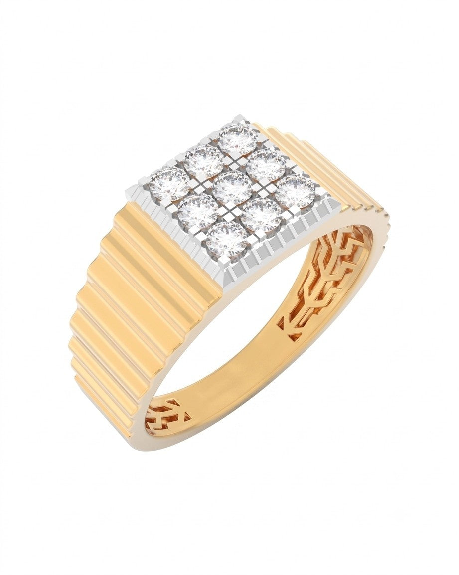 A yellow gold men's ring featuring a square cluster of clear pavé diamonds, shown against a plain white background.