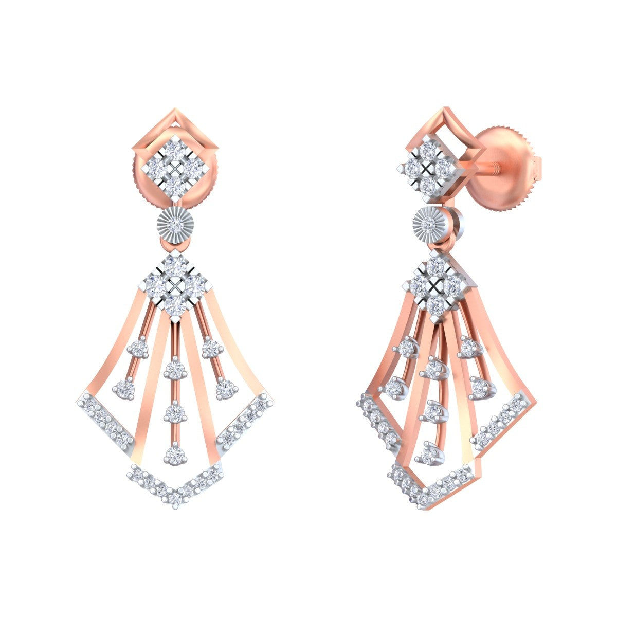 Pair of rose gold and diamond dangler earrings on a white background
