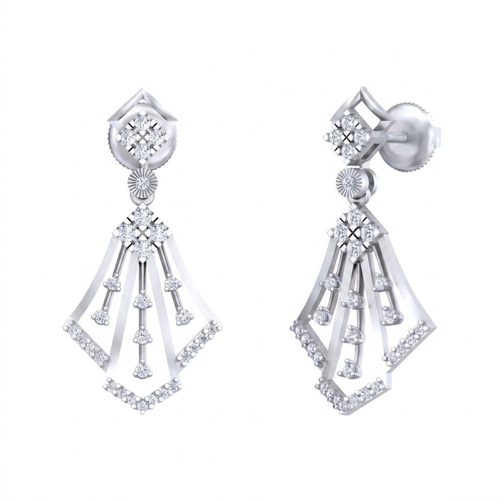 Pair of white gold and diamond dangler earrings on a white background