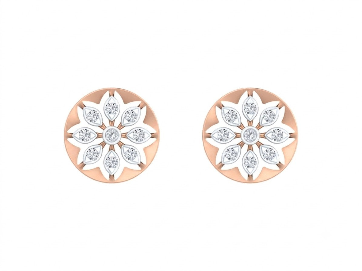 Rose gold and diamond round-shaped stud earring with floral-design on a white background.