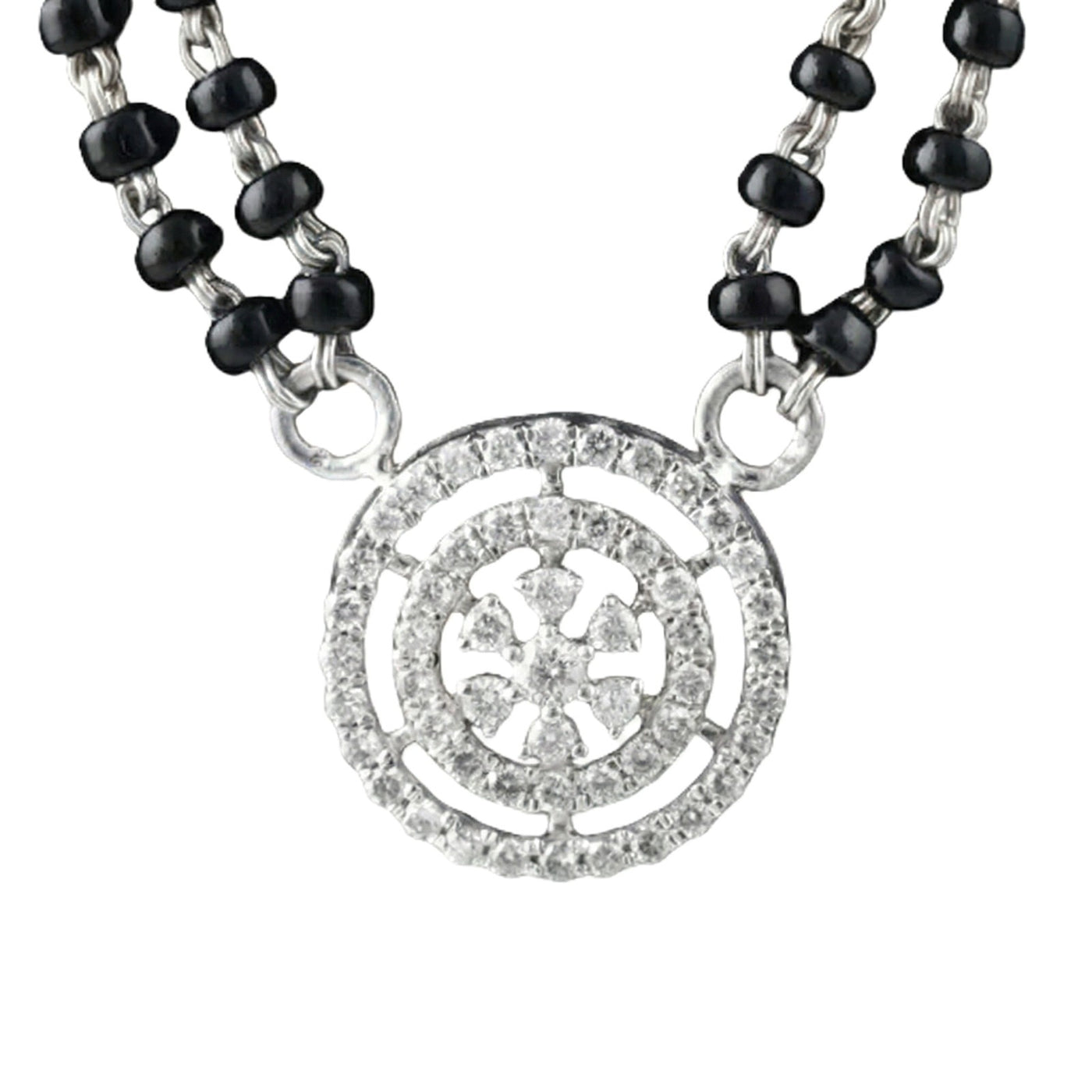 mangalsutra with black beads and a white gold and diamond mangalsutra on a white background