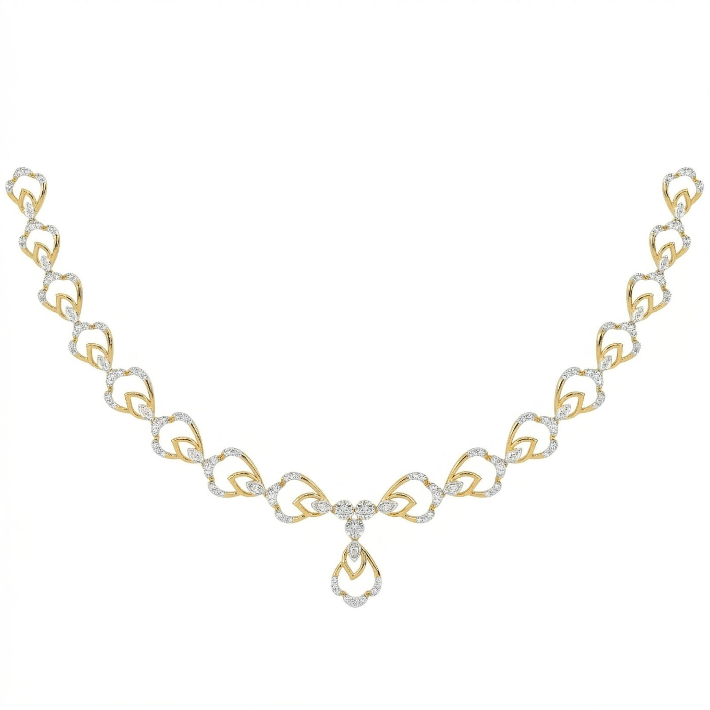 A yellow gold and diamond necklace, with a central teardrop-shaped pendant, shown on a plain white background.