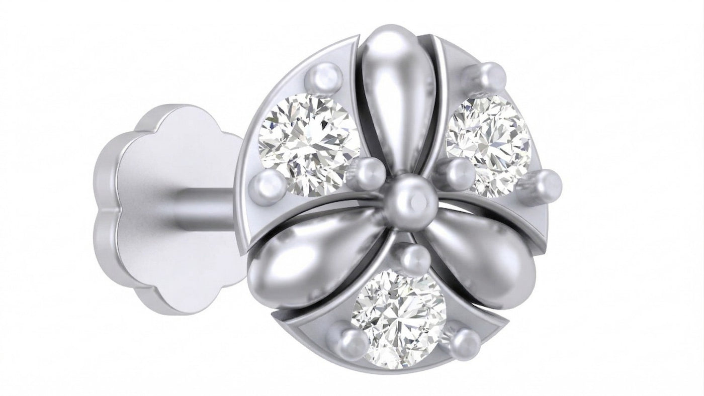 White Gold and diamond stud nose pin on a reflective surface with a white background