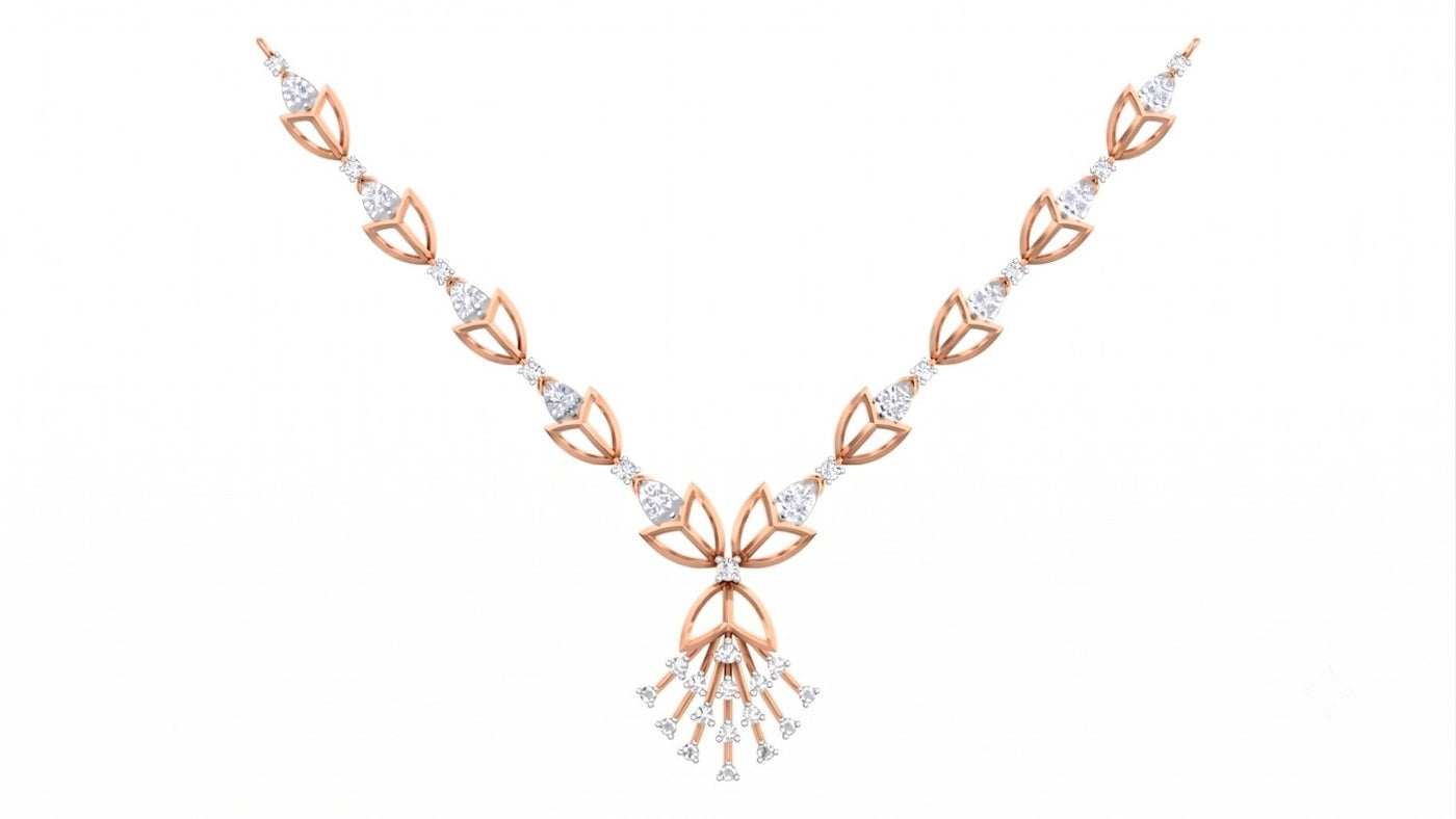 A rose gold and diamond necklace featuring a cascading diamond drop, set against a plain white background.
