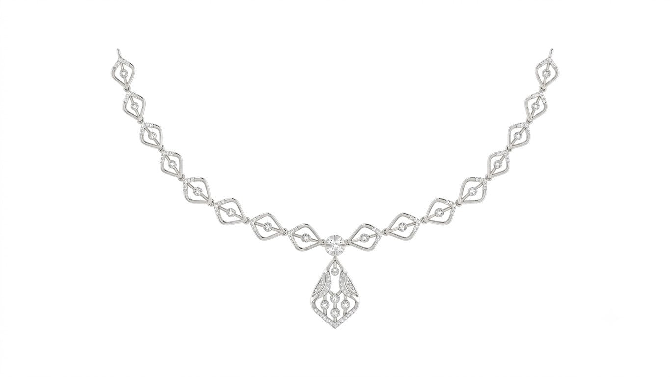 A white gold and diamond necklace with an intricate geometric link design and a teardrop-shaped, shown on a plain white background.