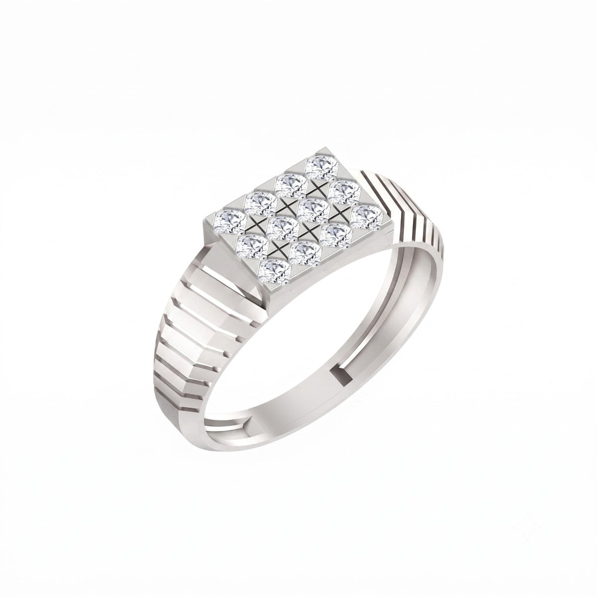 White gold and diamond ring for men featuring a cluster setting on a white background.
