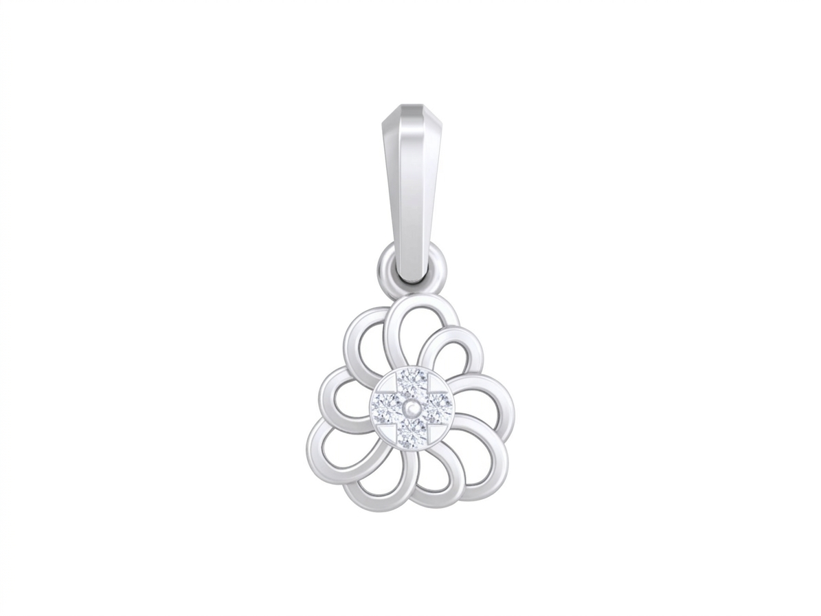 Silver floral pendant with a diamond on a white background