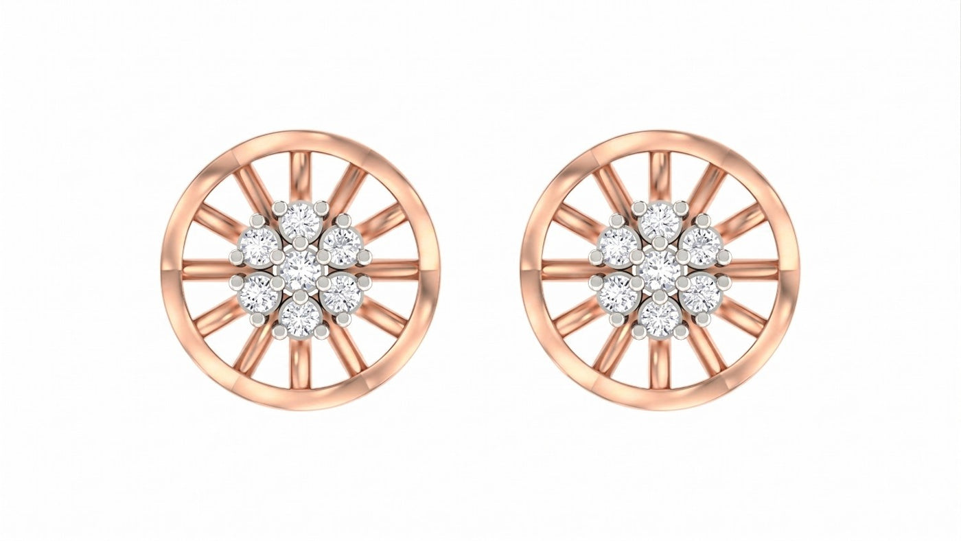 Rose gold and diamond round-shaped earring on a white background.