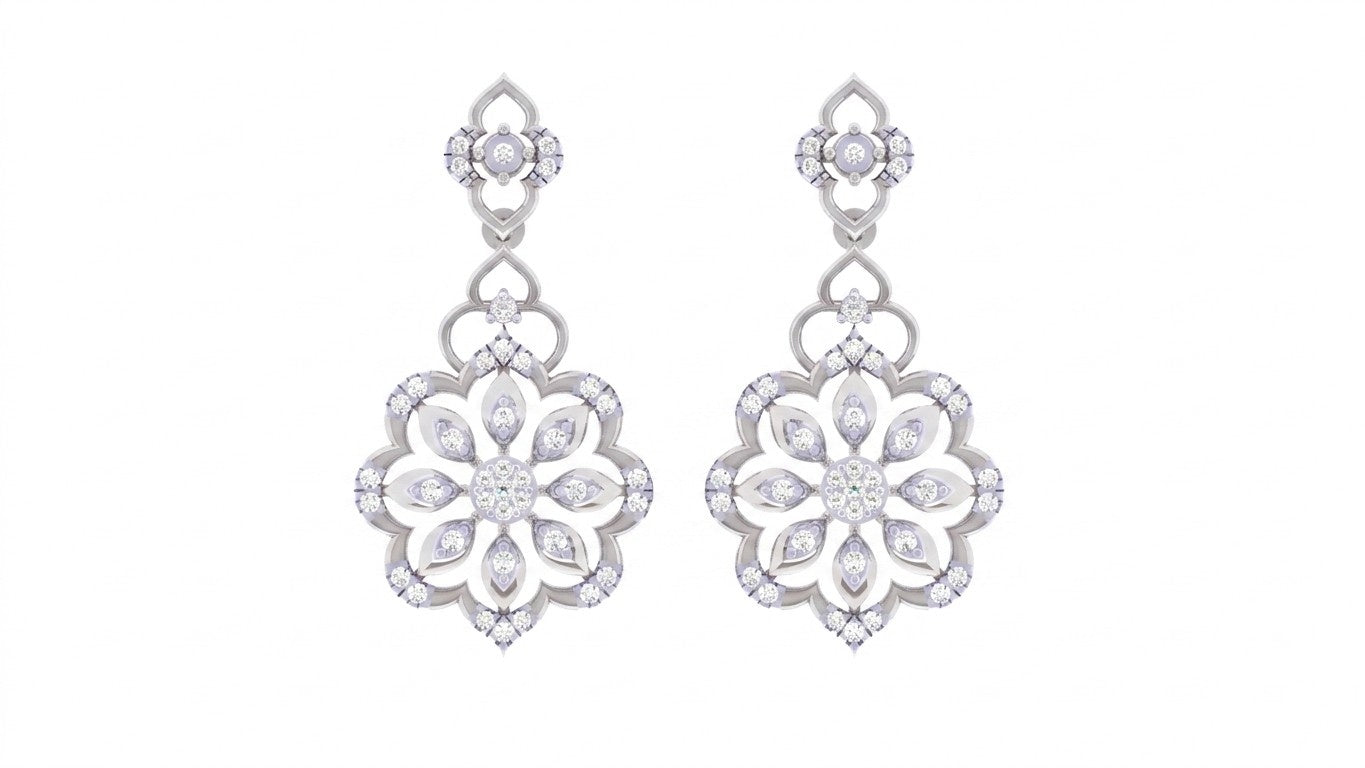 White gold and diamond floral earrings on a white background
