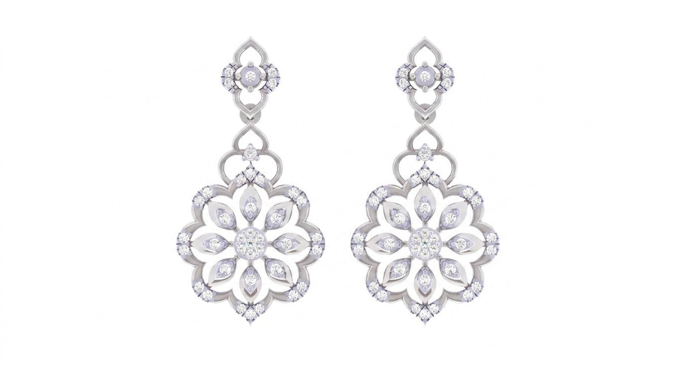 White gold and diamond floral earrings on a white background.