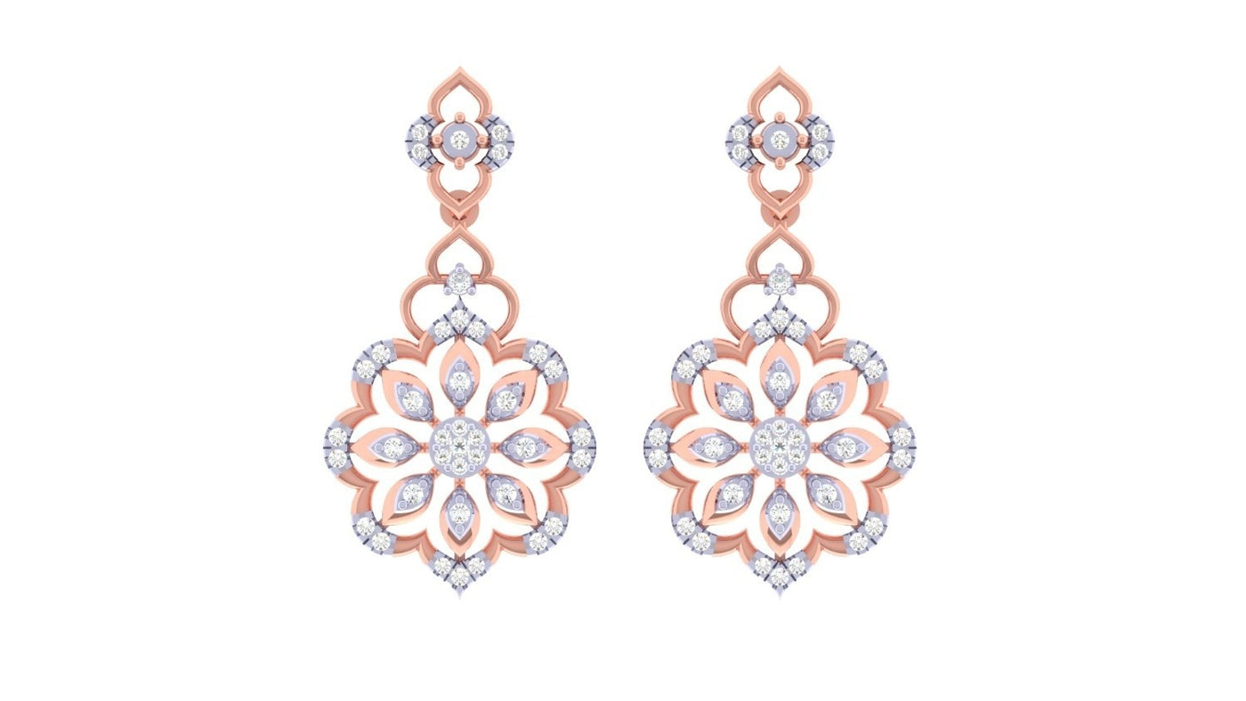 Rose gold and diamond floral earrings on a white background