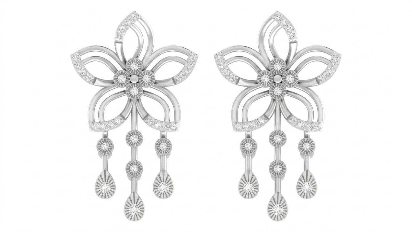 Pair of white gold and diamond earrings with floral design on a white background