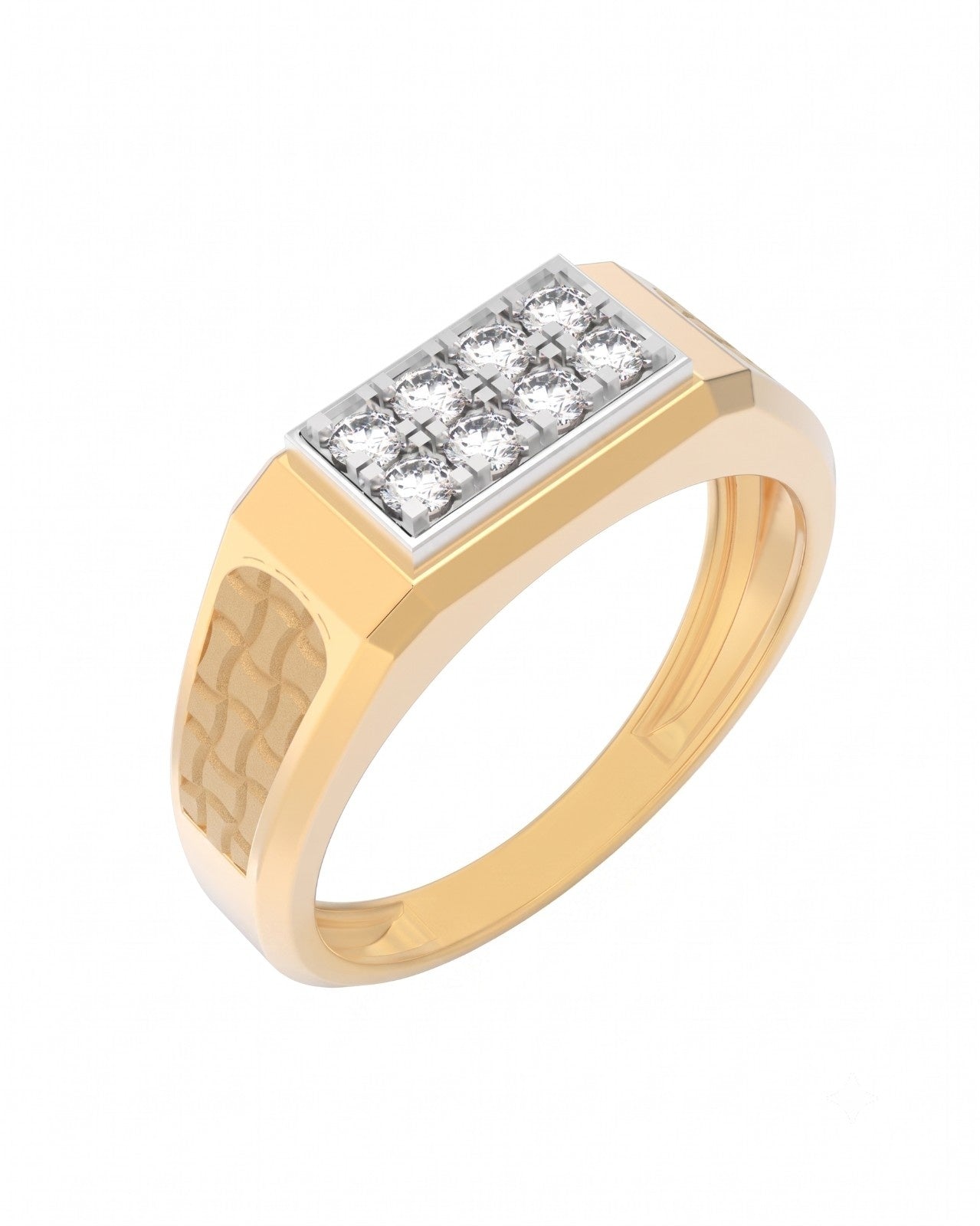 A men's signet ring in yellow gold with a diamond rectangular, shown on a plain white background.