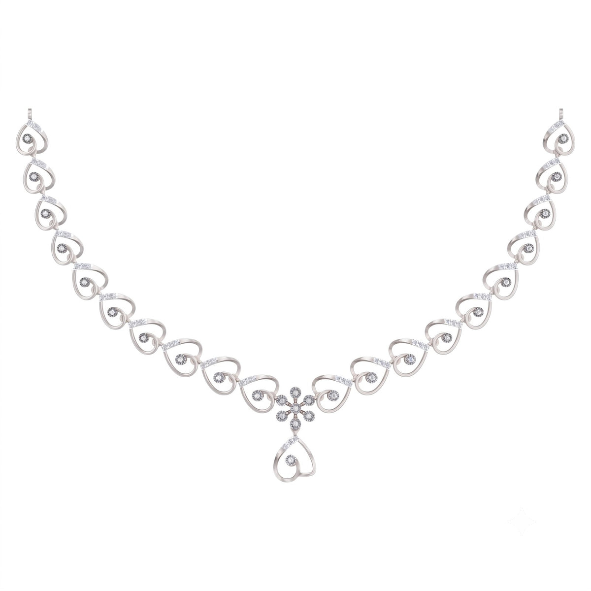 A white gold necklace featuring a repeating heart-shaped link pattern, a central floral motif, shown on a plain white background.