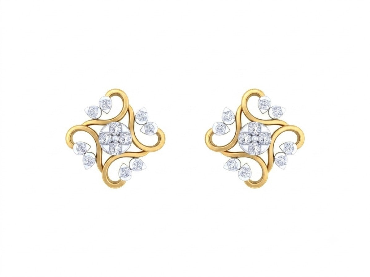 Yellow gold and diamond floral stud earring on a white background.