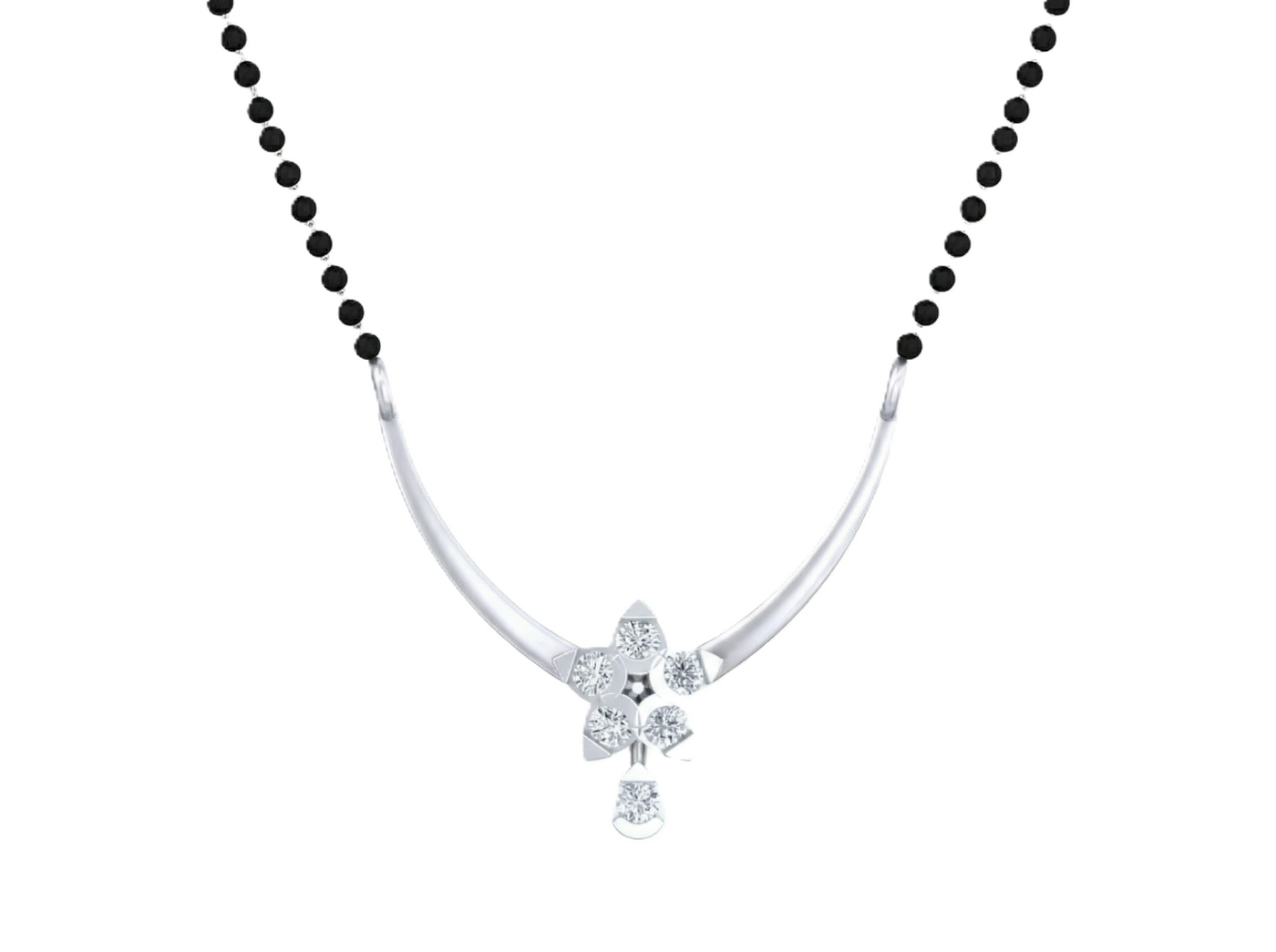 White gold & diamond floral beaded mangalsutra on white background