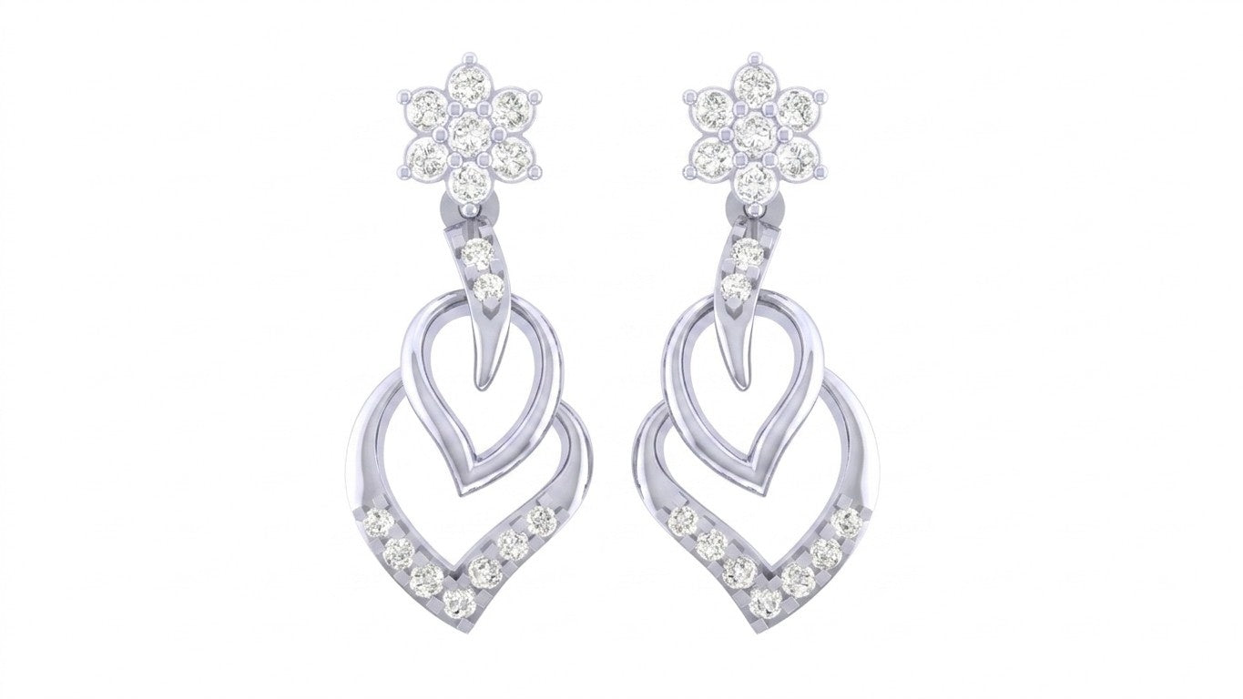 Pair of white gold and diamond dangler earrings on a white background.