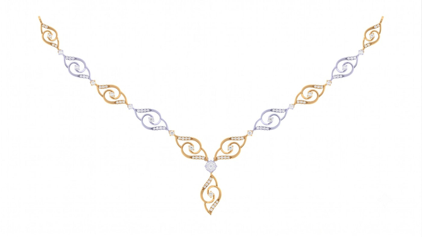 Yellow gold and diamond V-shaped necklace, displayed on a solid white background.