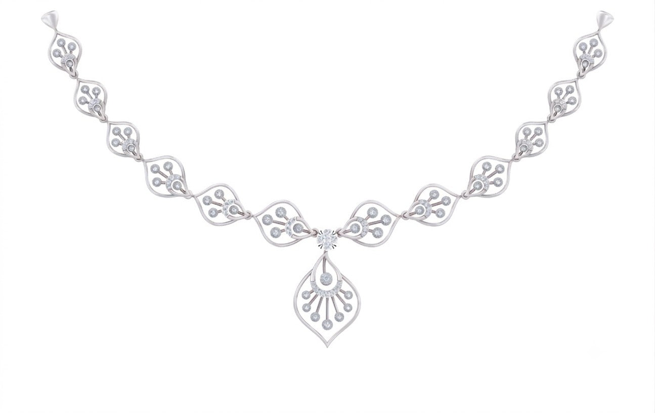 White gold and diamond necklace with a central teardrop pendant, displayed on a solid white background.