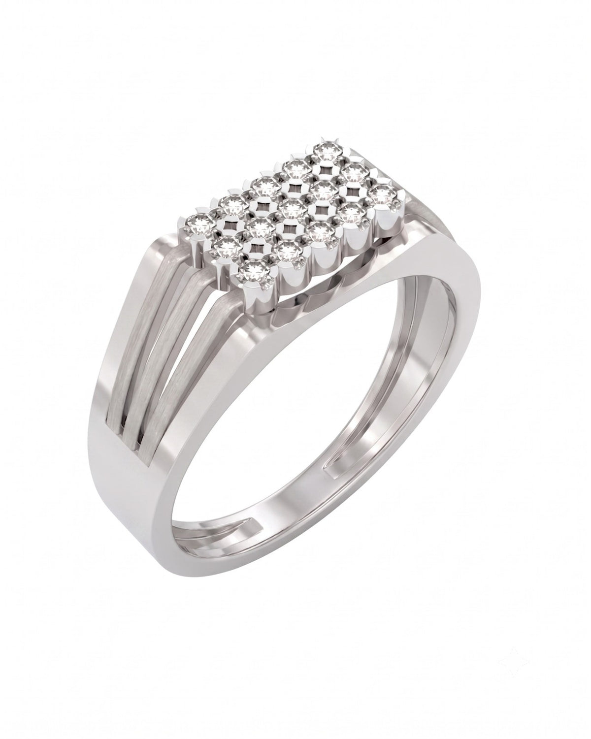 White gold and diamond band ring for men featuring a polished gold band with refined diamond accents.