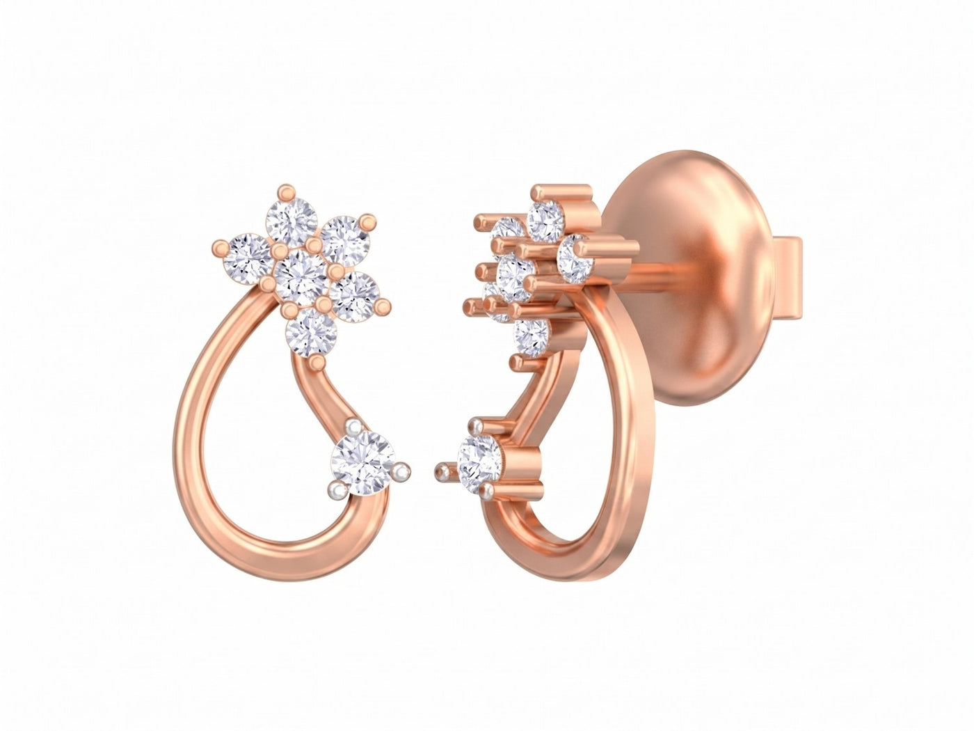 Rose gold and diamond stud earrings on a white background.