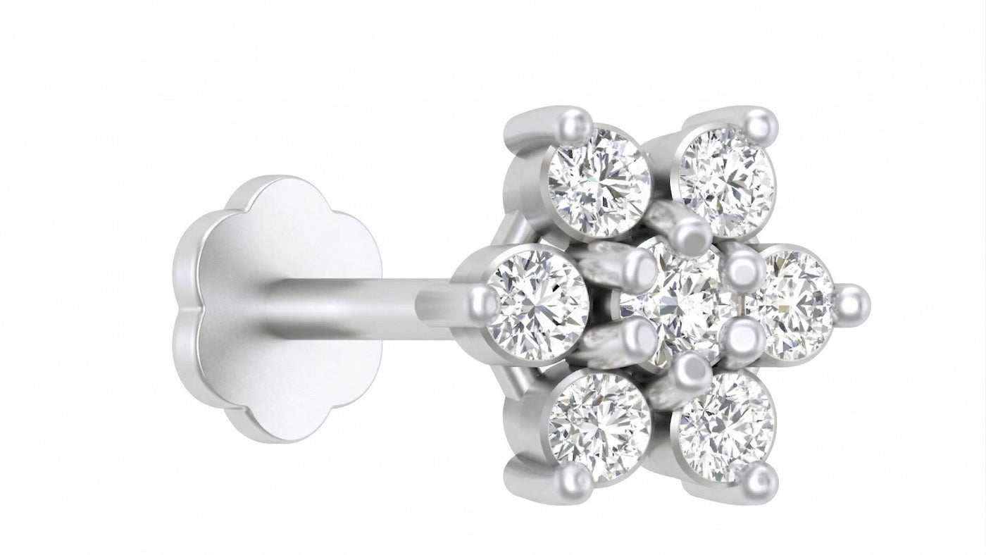 white gold and diamond stud nose pin with diamonds on a white background