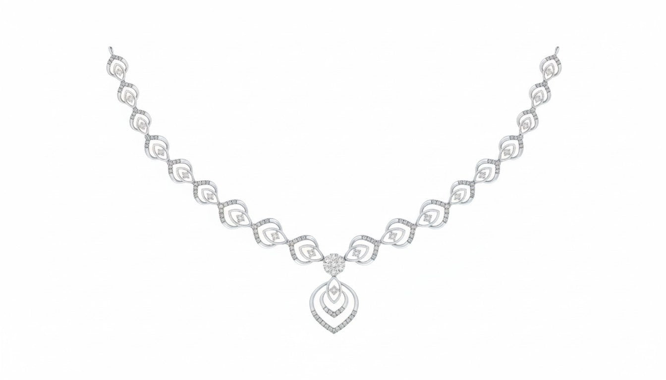 A white gold and diamond necklace, displayed on a solid white background.