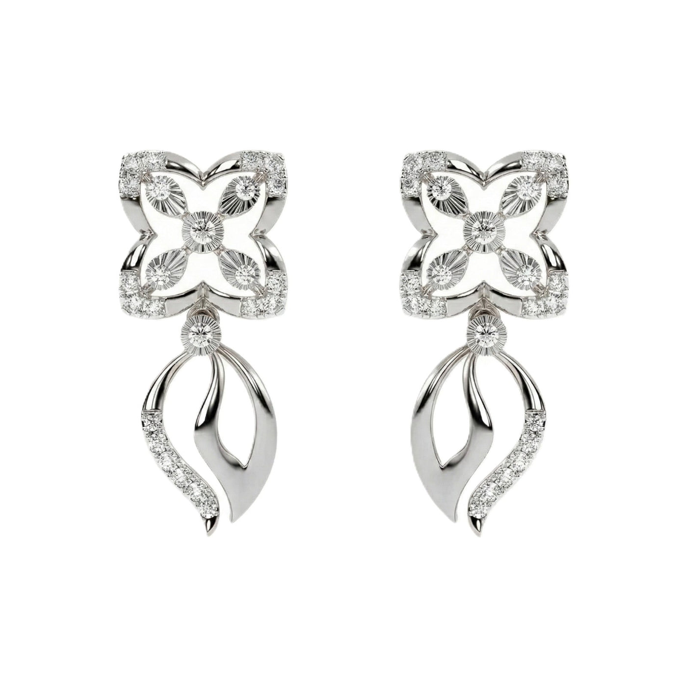 A pair of white gold drop earrings featuring a floral clover motif set with clear round and marquise-cut stones