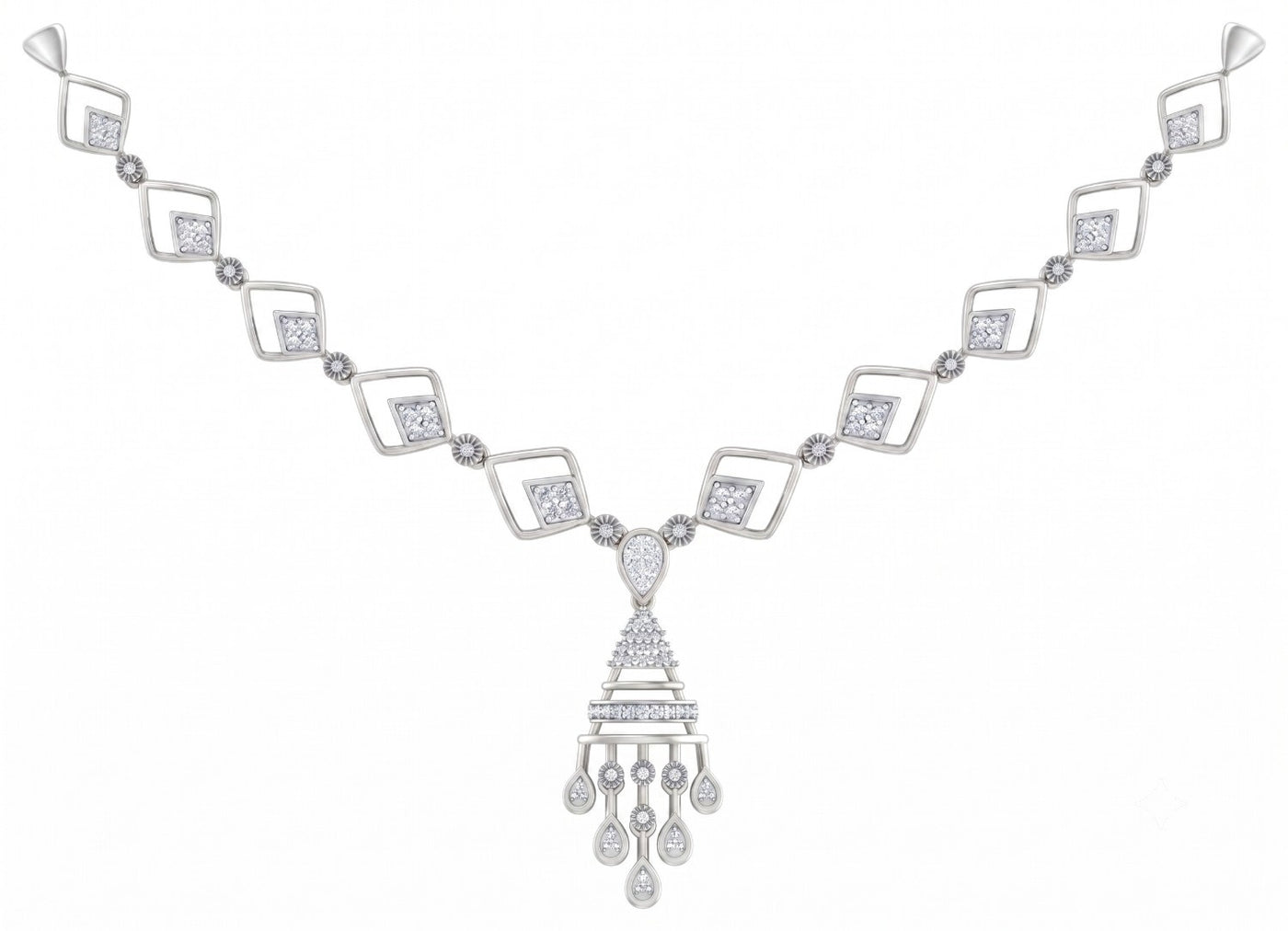 White gold and diamond necklace with a geometric design, shown on a plain white background.