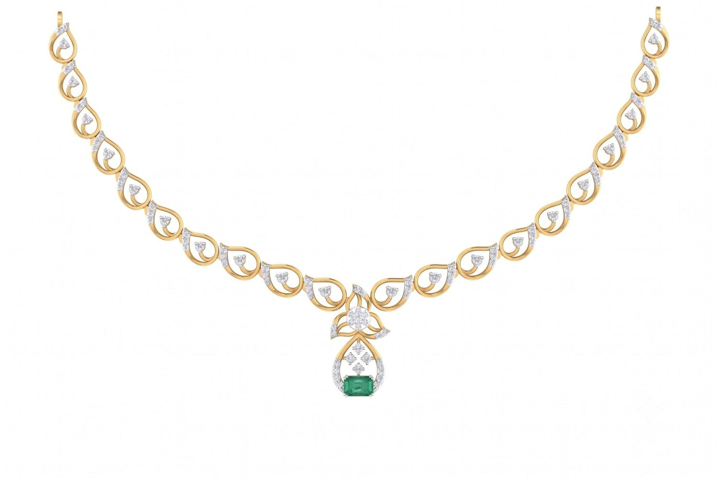 A yellow gold and diamond necklace with a teardrop-shaped green emerald pendant, displayed on a clean white background.
