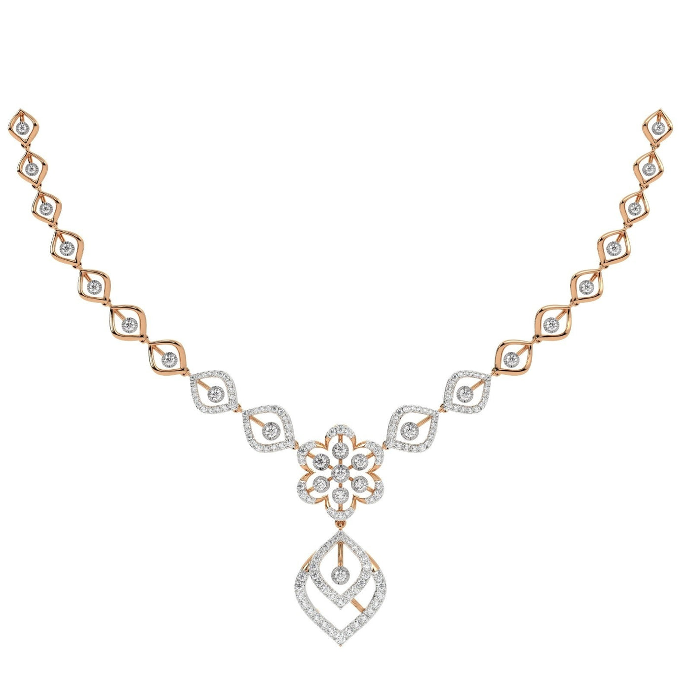 Rose gold and diamond necklace with floral pendant on a white background.
