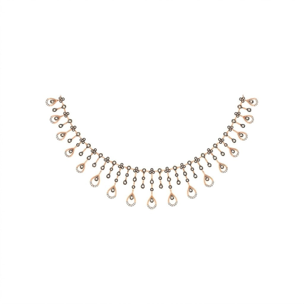 A rose gold and diamond teardrop necklace, displayed on a solid white background.