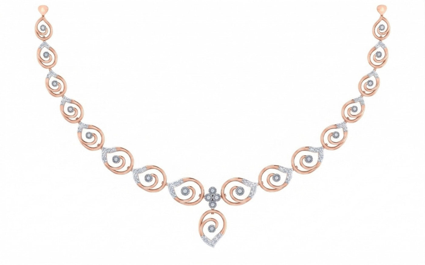 Rose gold and diamond necklace on a white background
