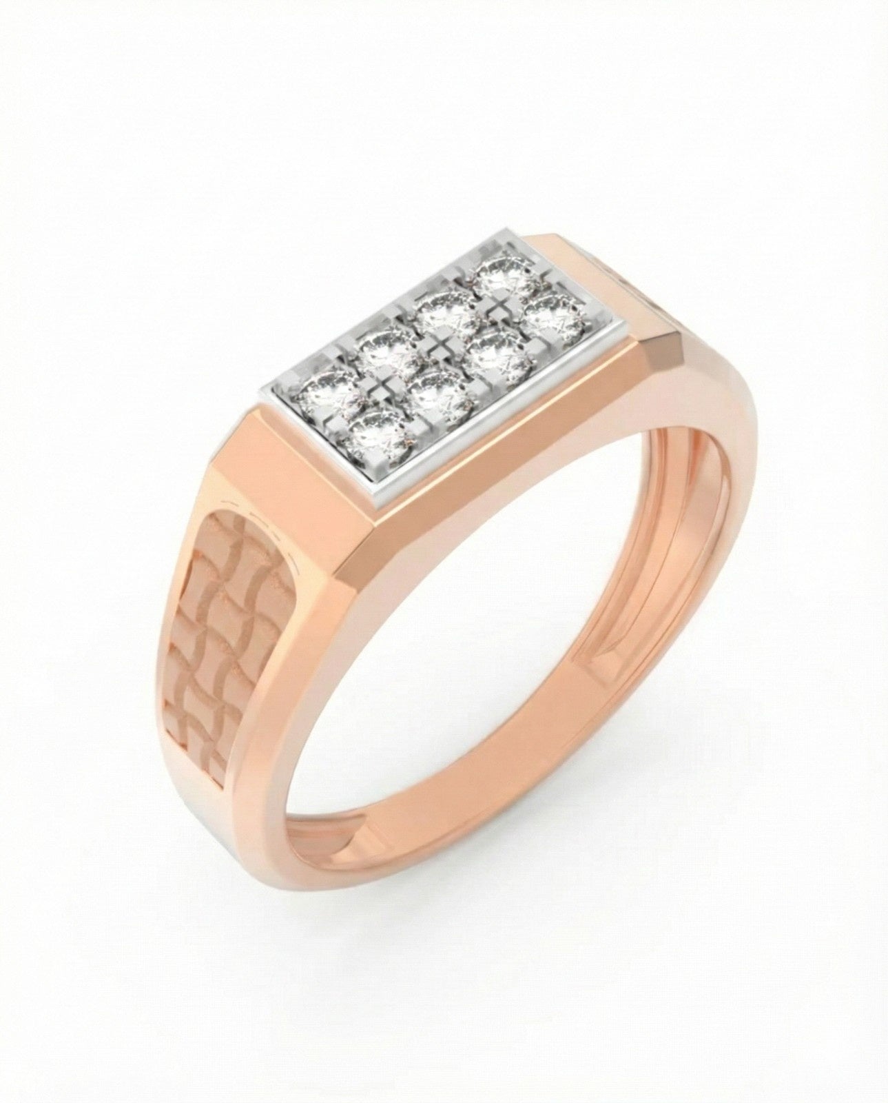 Rose gold ring with diamond accents on a white background