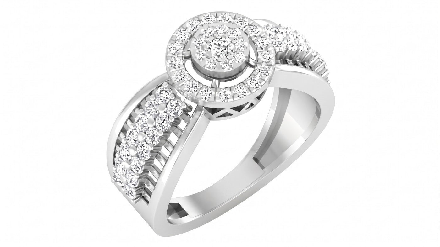 White gold ring with diamond accents on a white background