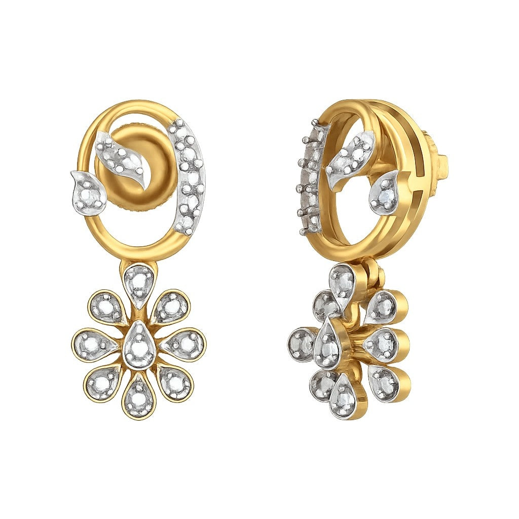 Yellow gold and diamond drop earrings with floral designs on a white background