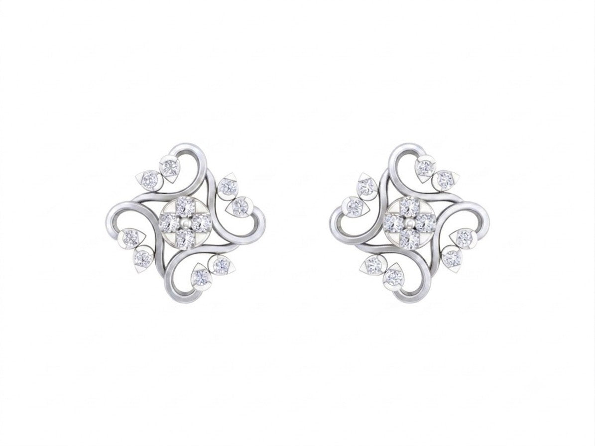 White gold and diamond floral stud earring on a white background.