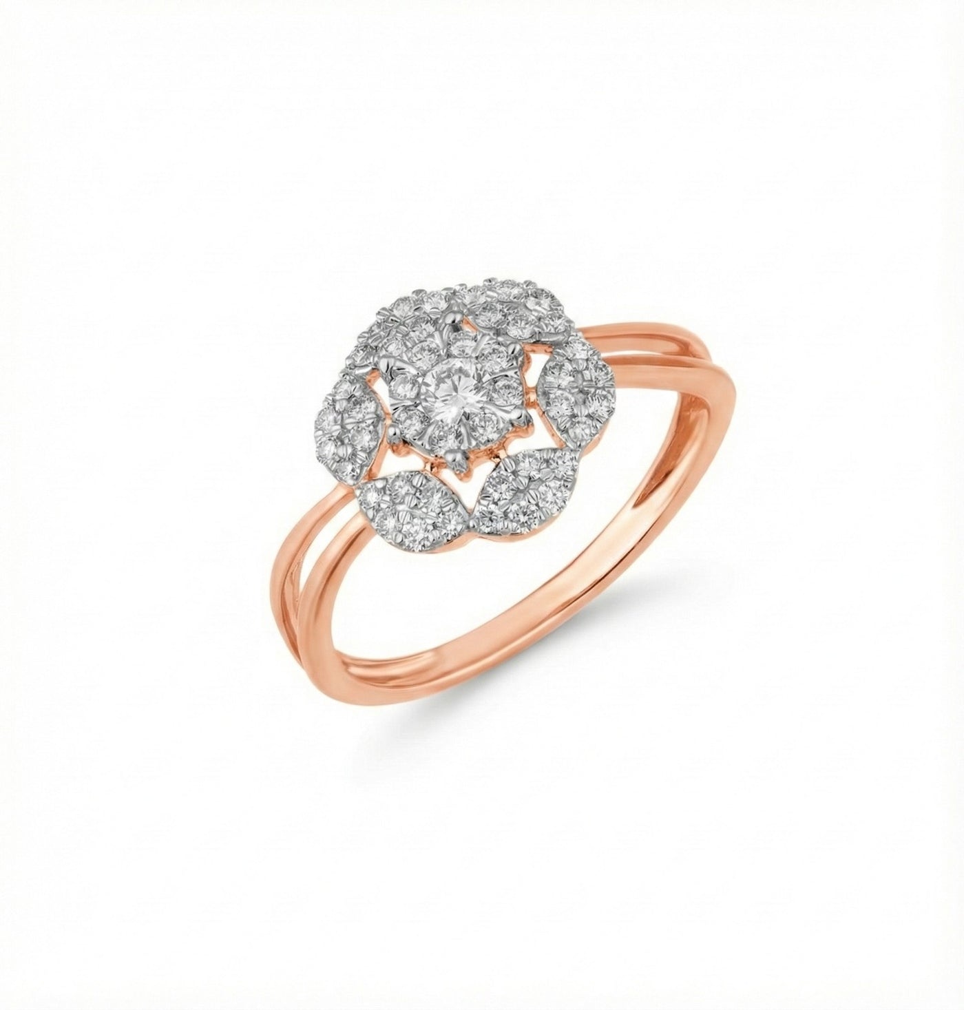 Rose gold ring with diamond cluster on a white background