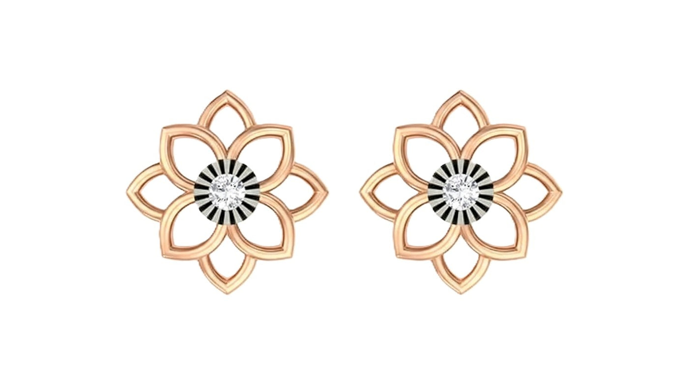 Rose gold and diamond floral stud earring on a white background.