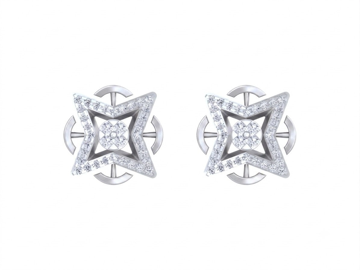 White gold and diamond stud earrings with star-shaped on a white background.