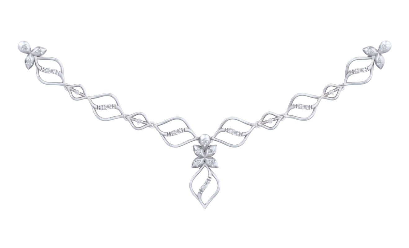 A white gold necklace featuring a symmetrical design with diamond accents, displayed on a solid white background.
