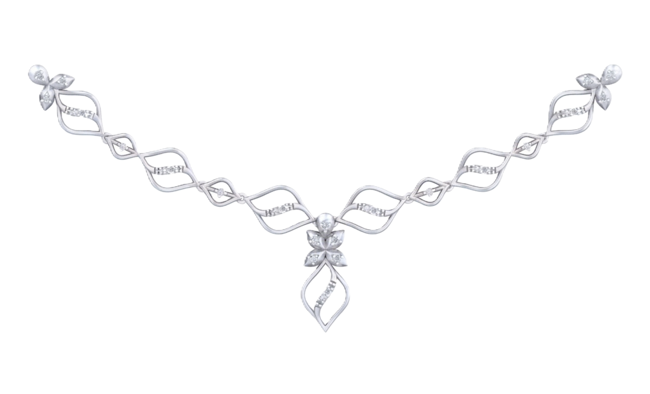 White gold and diamond necklace featuring a symmetrical design with diamond accents and script lettering.