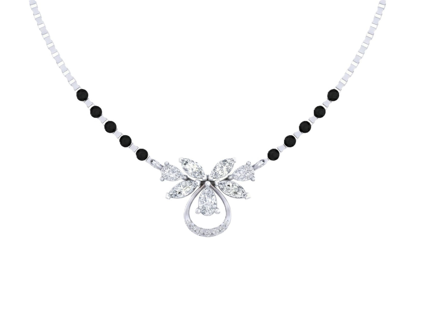 white Gold and diamond mangalsutra with black beads on a white background